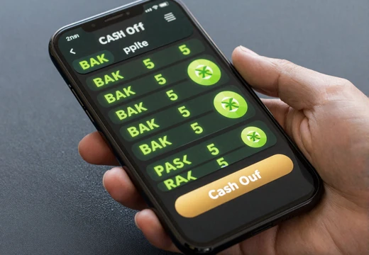 Hand tippt auf goldenen Cash-Out-Button einer Live-Wette am Smartphone mit limefarbenen Live-Quoten im Golazzo Sportsbook