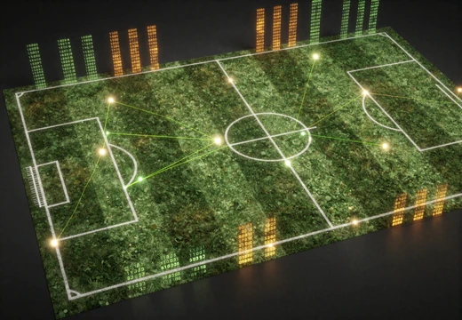 Fu&szlig;ballfeld von oben mit leuchtenden Live-Markt-Datenpunkten und limefarbenen Linien f&uuml;r Flash Markets bei Golazzo