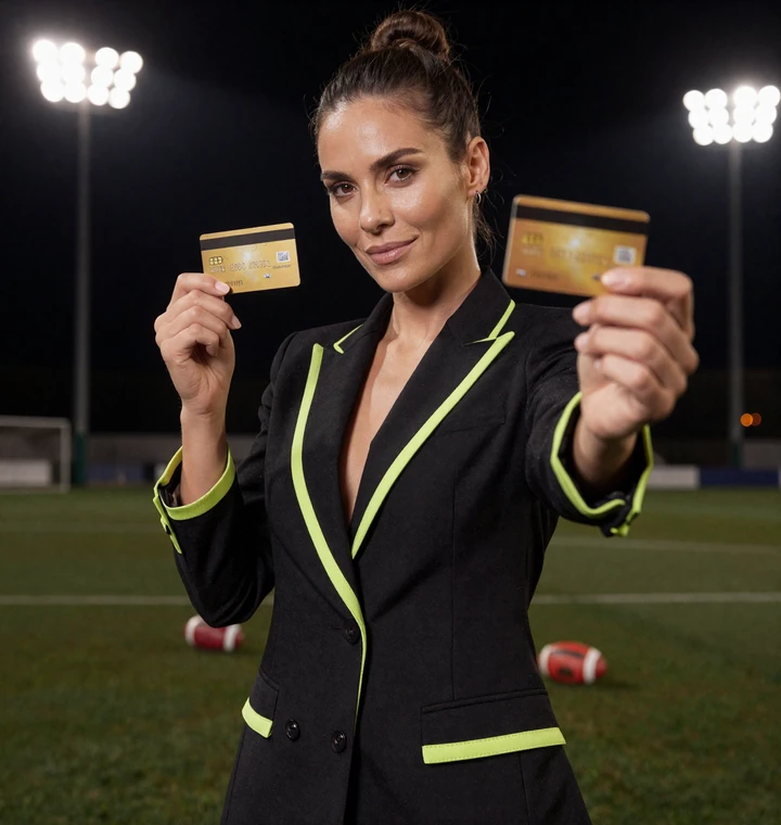 Selbstbewusste Frau in lime-schwarzem Sportblazer h&auml;lt goldene Bankkarte neben Fu&szlig;ball im Golazzo Online Casino Echtgeld