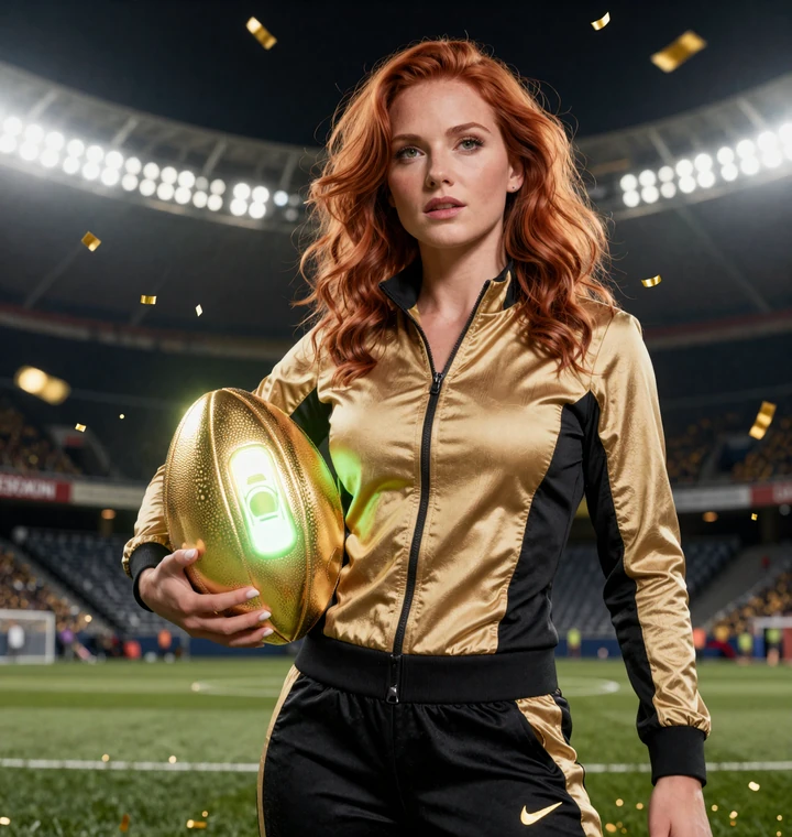 Selbstbewusste Frau in gold-schwarzem Trainingsanzug h&auml;lt leuchtenden Fu&szlig;ball unter Lime-Flutlicht im Golazzo Online Casino
