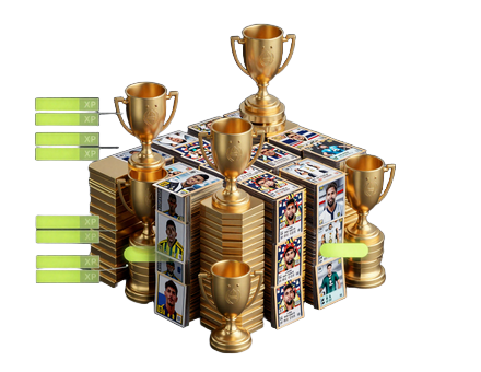 Gestapelte goldene Troph&auml;en-Stufen mit Lime-XP-Balken und Fu&szlig;ball-Legenden-Karten aus dem Golazzo Cups-System