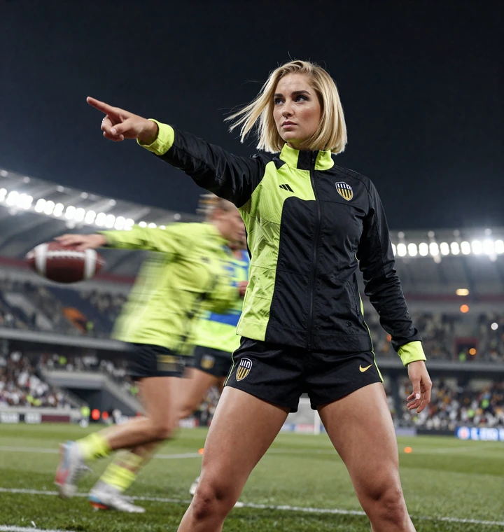 Selbstbewusste Frau in schwarz-limer Sportjacke zeigt nach vorn vor Flutlicht-Stadion mit Fu&szlig;ball und Lime-Bewegungsspur im Golazzo Sportsbook